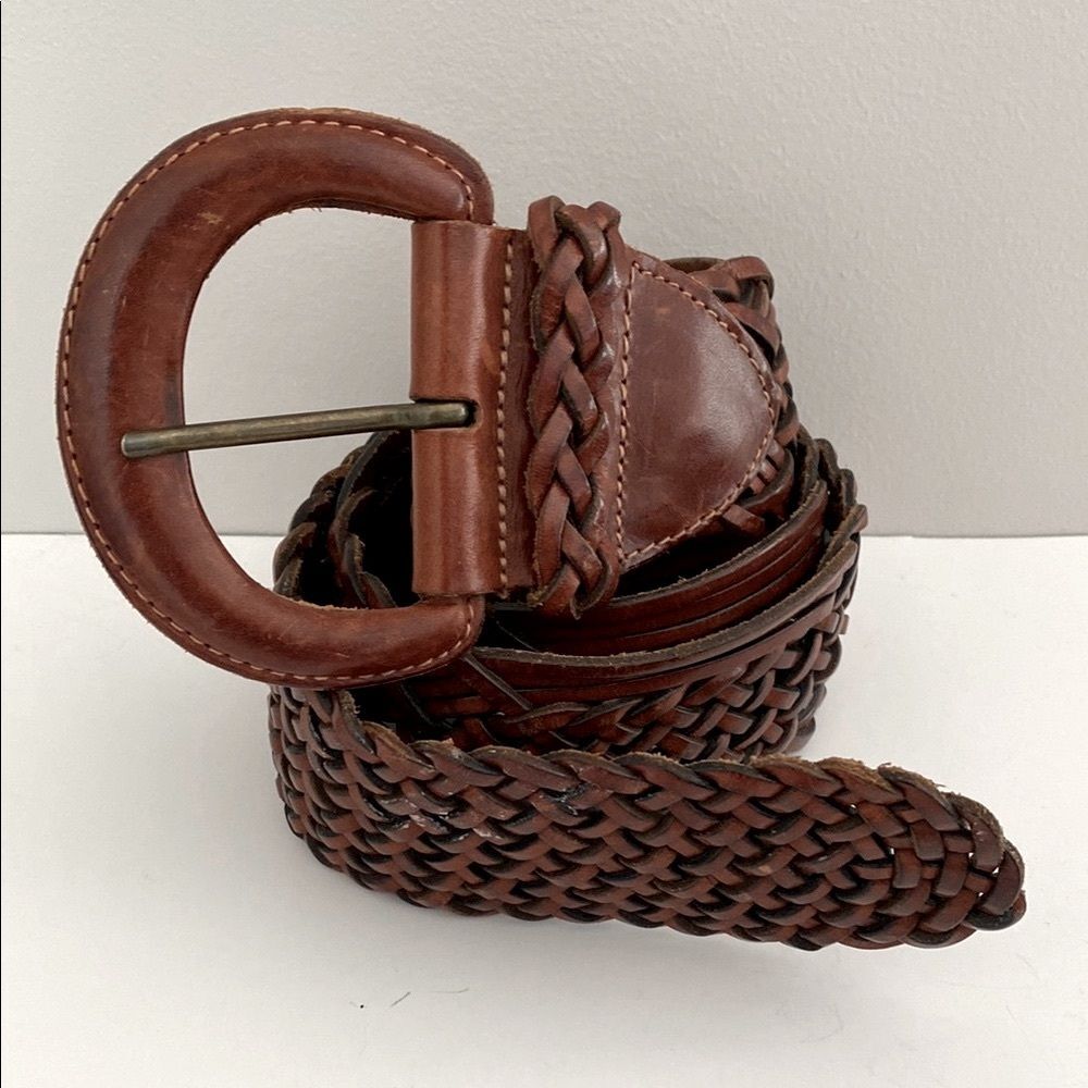 Vintage Brown Braided Leather Belt size max W 32”  2.25” wide Boho Preppy Beach
